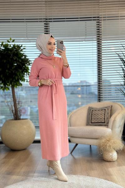 29119 Kendinden Kemerli Boğazlı Elbise Pudra