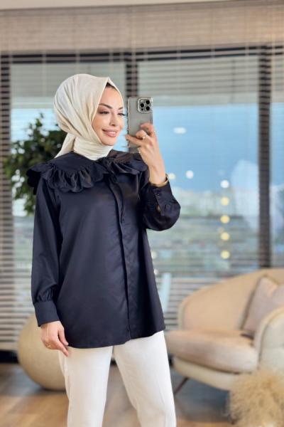 2918 Yakası Fırfırlı Detaylı Gömlek Siyah