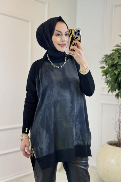 297 Desenli Yanları Fermuarlı Triko Tunik Siyah
