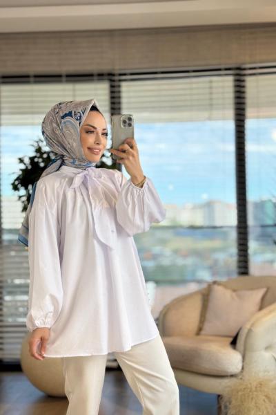 2989 Yakası Bağlama Detaylı Gömlek Beyaz