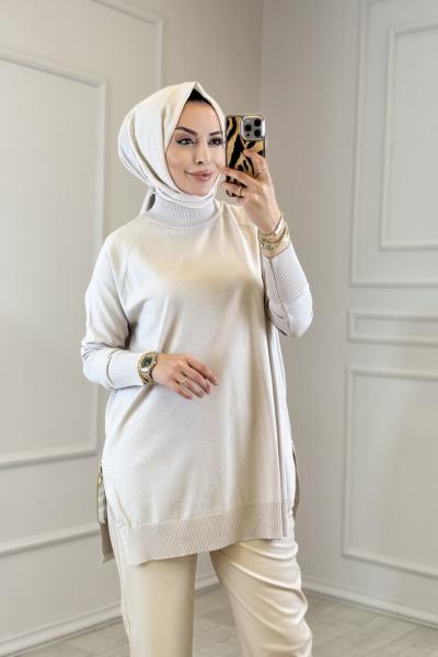 302 Yanları Fermuarlı Triko Tunik Bej