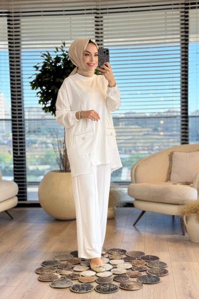 3042 Önü Fermuar Aksesuarlı Takım Ekru