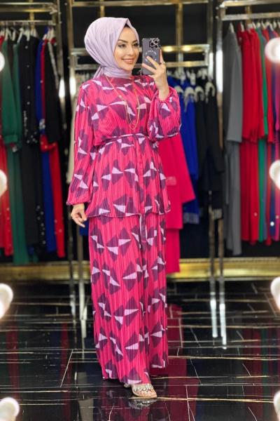 30494 Desenli Piliseli Pantolon Takım Fuşya