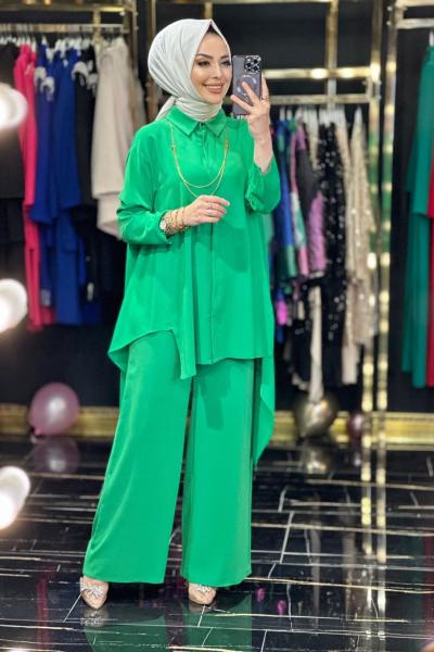 30502 Yanları Parçalı Tunik Pantolon Takım Yeşil
