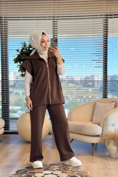 3063 Garni Detaylı Yelekli Takım Kahve