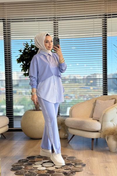 3064 Çizgi Garnili Pelerin Görünümlü Takım Bebe Mavi