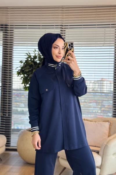 3075 Çıtçıt Ve Triko Detaylı Takım Lacivert