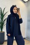 3101 Kapşonlu Patı Fermuarlı Sweatshirt Lacivert