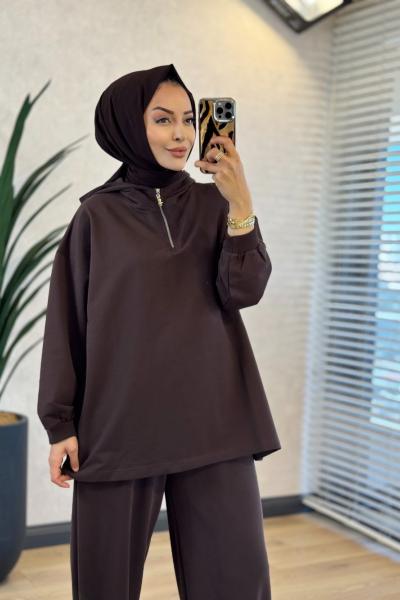 3101 Kapşonlu Patı Fermuarlı Sweatshirt Kahve