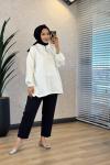 3101 Kapşonlu Patı Fermuarlı Sweatshirt Ekru
