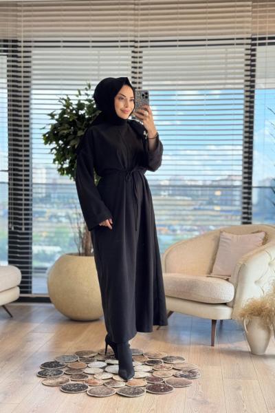 3108 Dikiş Detaylı Dokulu Elbise Siyah
