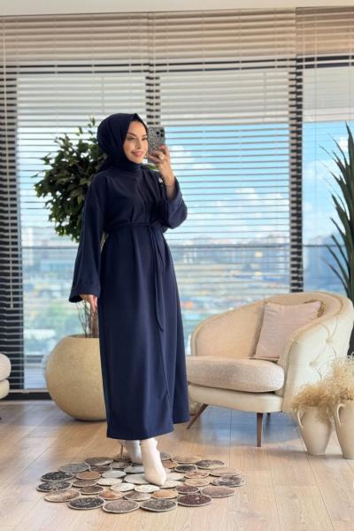 3108 Dikiş Detaylı Dokulu Elbise Lacivert