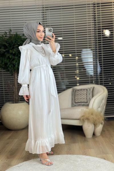 31147 Şifon Yaka Ve Manşeti Aksesuar Detaylı Elbise Ekru