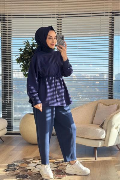 3117 Manşeti Düğme Detaylı Sweatshirt Koyu Lacivert