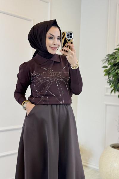 312 Gömlek Yaka Taşlı Triko Tunik Kahve