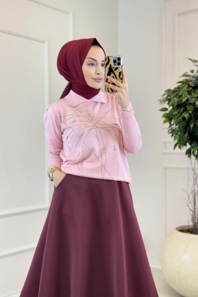 312 Gömlek Yaka Taşlı Triko Tunik Pembe
