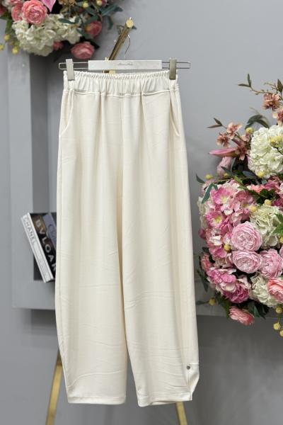 3124 Osyho Paçası Pile Detaylı Pantolon Ekru