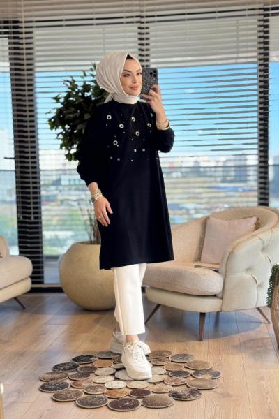 3138 Taş Ve İnci Detaylı Midi Boy SweatShirt Siyah