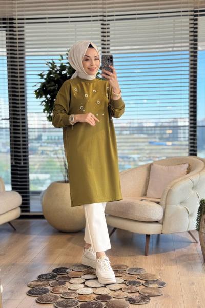 3138 Taş Ve İnci Detaylı Midi Boy SweatShirt Yağ Yeşili