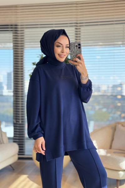 3149 Önü Baskı Detaylı Rahat Takım Koyu Lacivert