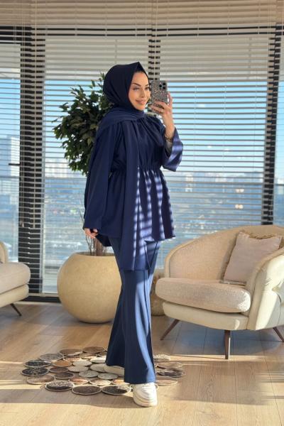 3158 Atkı Detaylı Beli Büzgülü Tunik Lacivert