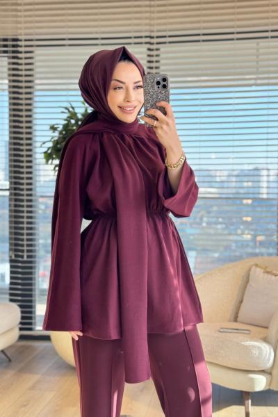 3158 Atkı Detaylı Beli Büzgülü Tunik Mürdüm