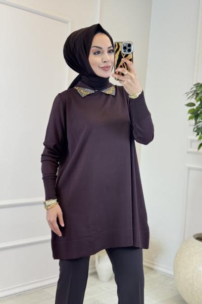 317 Yaka Boncuklu Gömlek Yaka Triko Tunik Kahve
