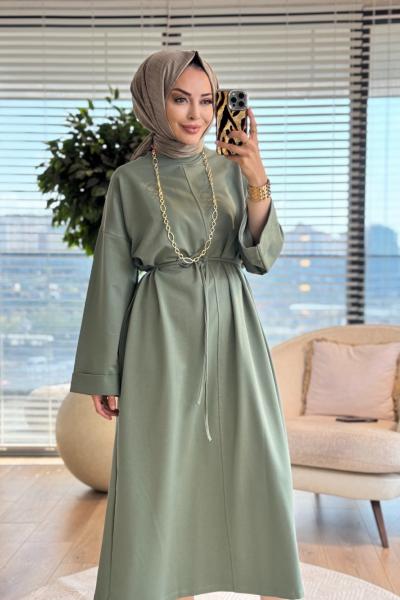 3170 Duble Kol Dikiş Detaylı Elbise Çağla