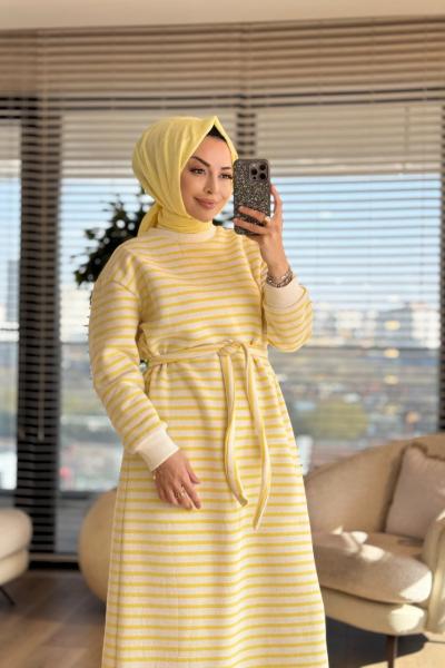 3177 Çizgili Üç İplik Elbise Sarı