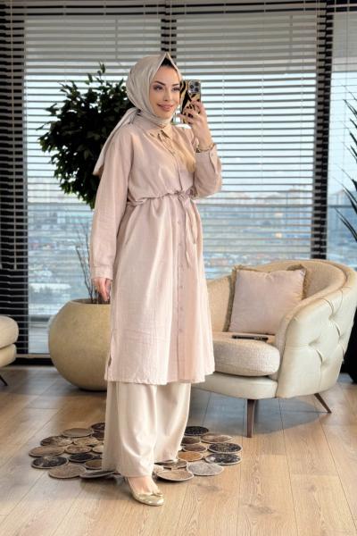 3204 Yırtmaçlı Midi Boy Gömlek Bej