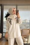 3227 Yaprak Motif İşlemeli Gömlek Ekru
