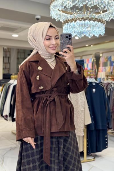 32405 Metal Düğme Aksesuarlı Kısa Trenç Kahve