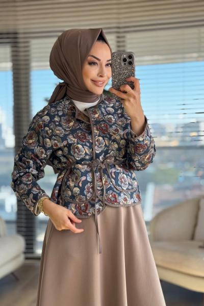 32447 Otantik Desen Önden Bağlamalı Ceket Lacivert