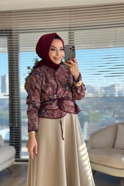 32447 Otantik Desen Önden Bağlamalı Ceket Bordo