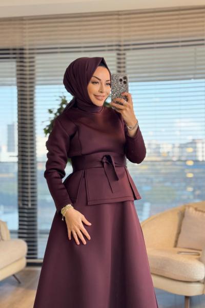 32459 Önü Kuşak Bağlamalı Etekli Takım Bordo