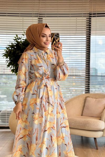 32511 Gofre Desenli Elbise Mavi