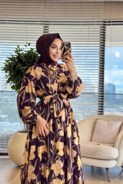 32511 Gofre Desenli Elbise Kahve