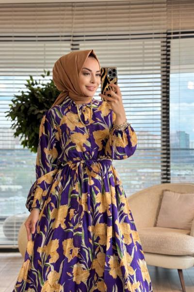 32511 Gofre Desenli Elbise Mor