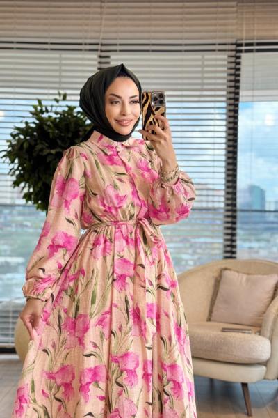 32511 Gofre Desenli Elbise Pembe