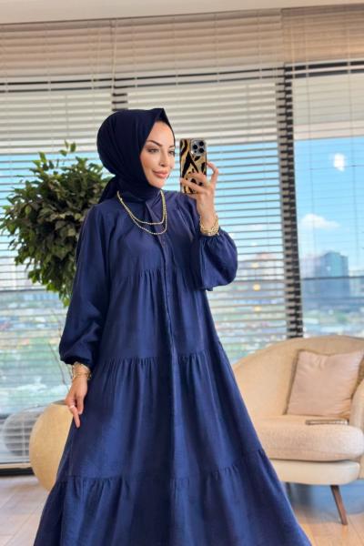 32528 Kendinden Desenli Elbise Lacivert