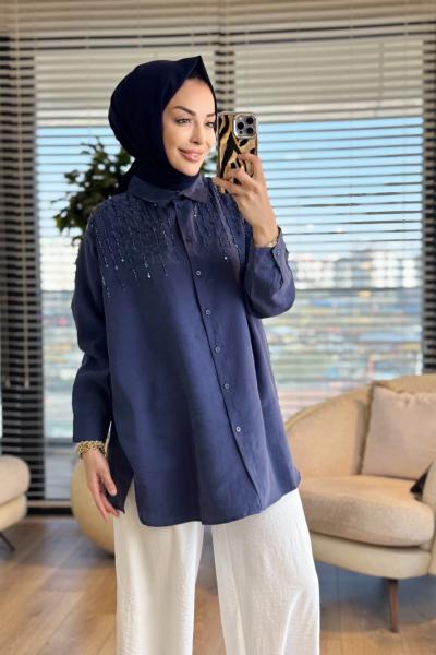 3272 Roba Sıralı Boncuk İşlemeli Gömlek Lacivert