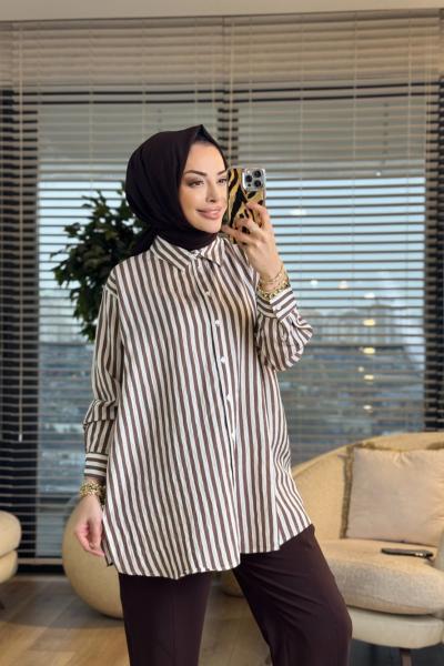 3311 Simli Kalın Çizgili Gömlek Kahve