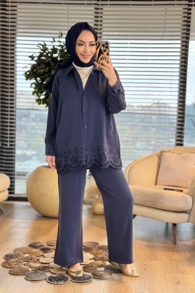 3325 Etek Ucu Nakış Detaylı Takım Lacivert