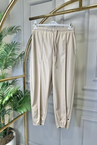 33313 Nervürlü Deri Konik Pantolon Bej