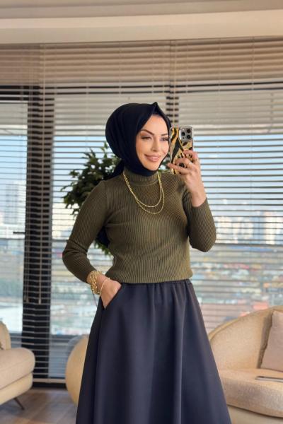 3347 Dik Yaka Triko Kazak Haki