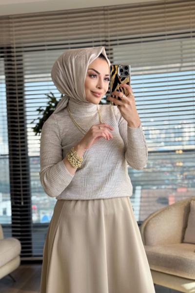 3347 Dik Yaka Triko Kazak Bej