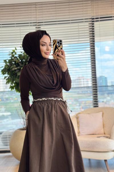 3375 Kemeri Detaylı Etek Kahve