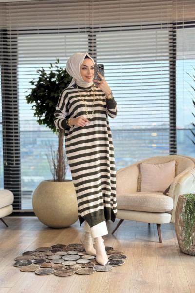 3389 Enine Kalın Çizgili Uzun Triko Tunik Haki