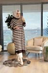 3389 Enine Kalın Çizgili Uzun Triko Tunik Kahve Bej