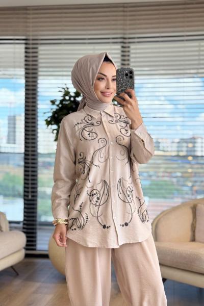 33962 Önü Boncuk Ve Taş İşlemeli Gömlek Açık Bej